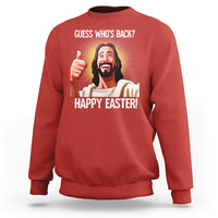 Red crewneck sweatshirt with “Guess Who’s Back?” “Happy Easter!” graphic on chest