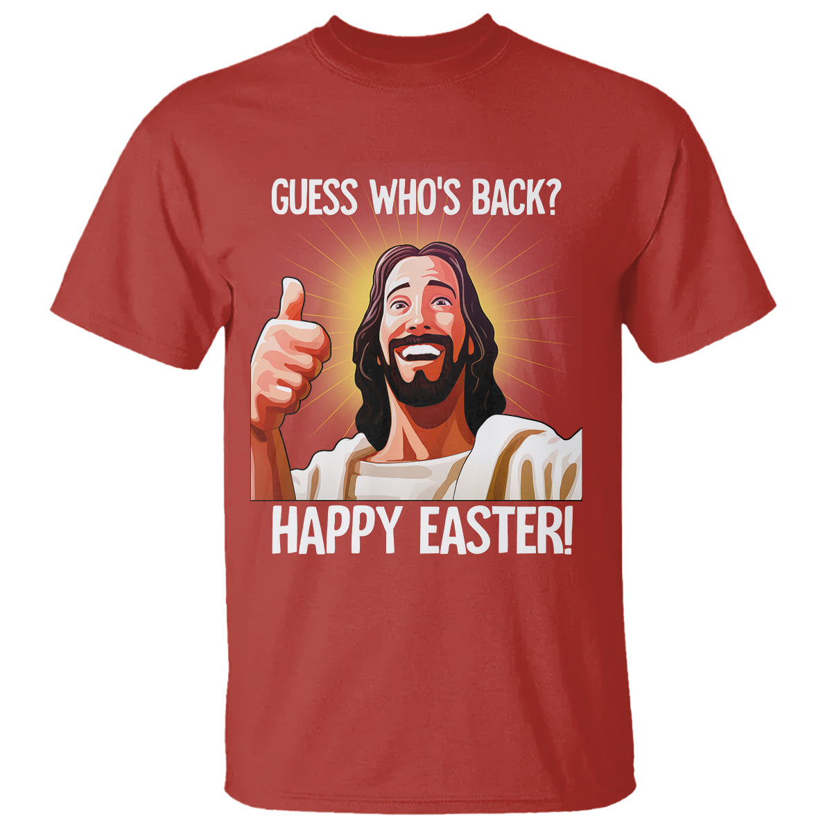 Red men's T-shirt with 'Guess Who's Back?' and 'Happy Easter!' Jesus graphic