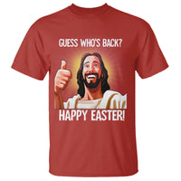 Red men's T-shirt with 'Guess Who's Back?' and 'Happy Easter!' Jesus graphic