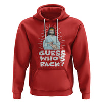 Red pullover hoodie with front graphic of Jesus holding a bunny and text “Guess Who’s Back?”