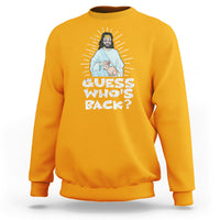 Gold crewneck sweatshirt with “Guess who’s back?” graphic featuring Jesus and bunny