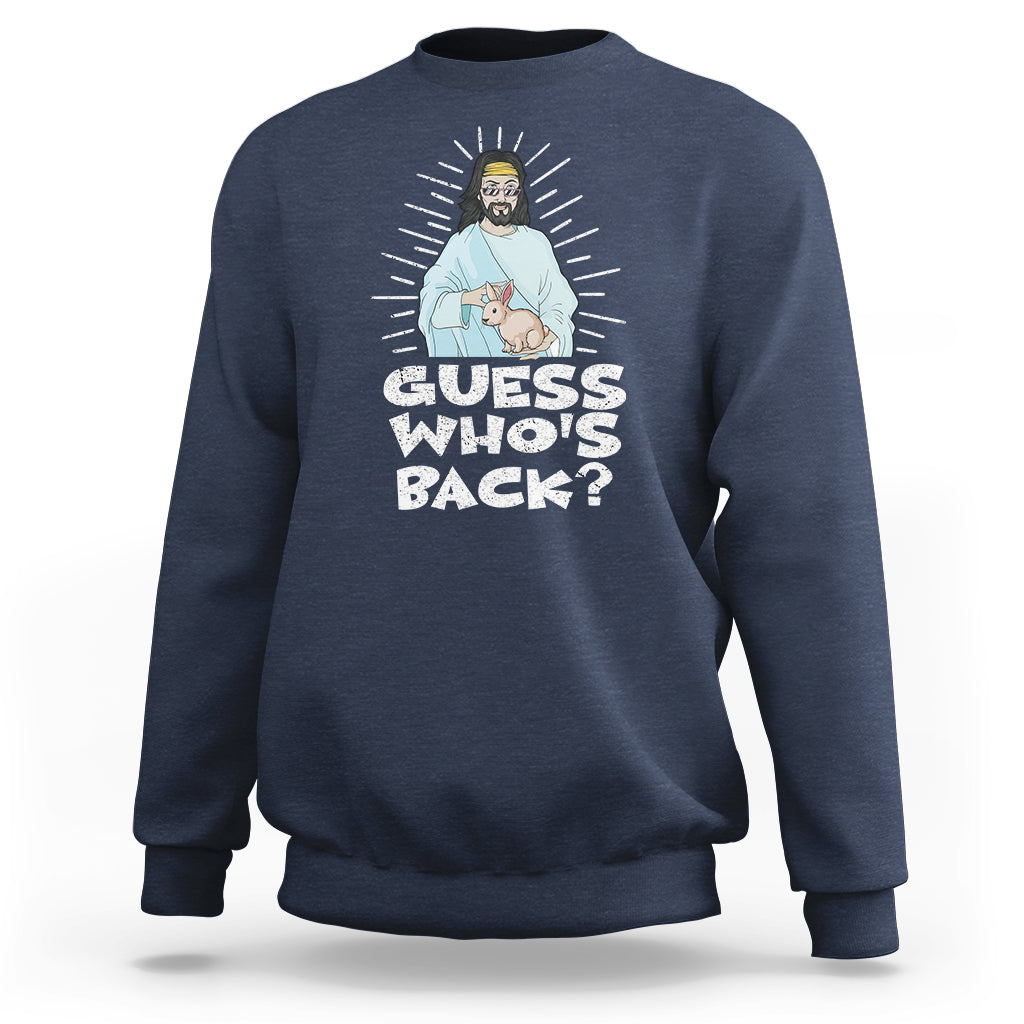 Navy crewneck sweatshirt with “Guess who’s back?” graphic featuring Jesus and bunny