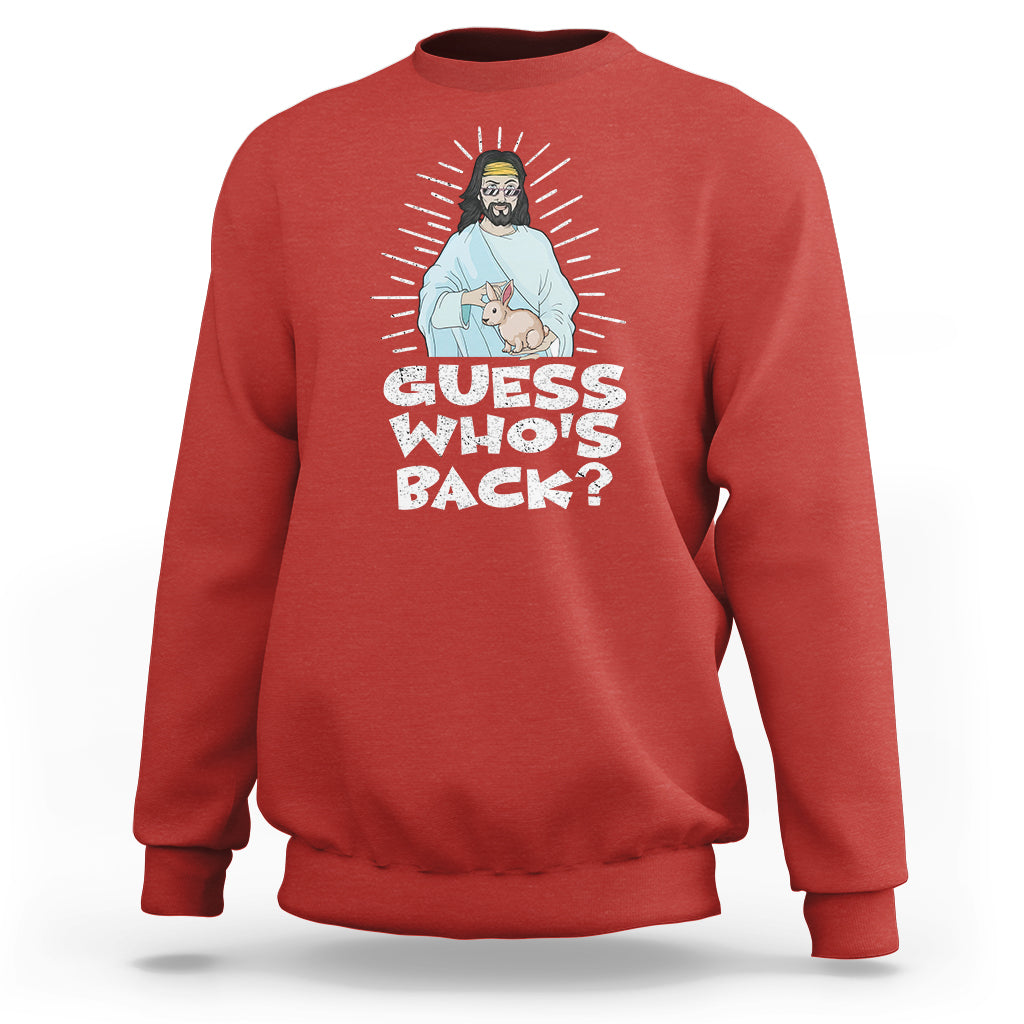 Red crewneck sweatshirt with “Guess who’s back?” graphic featuring Jesus and bunny