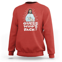 Red crewneck sweatshirt with “Guess who’s back?” graphic featuring Jesus and bunny
