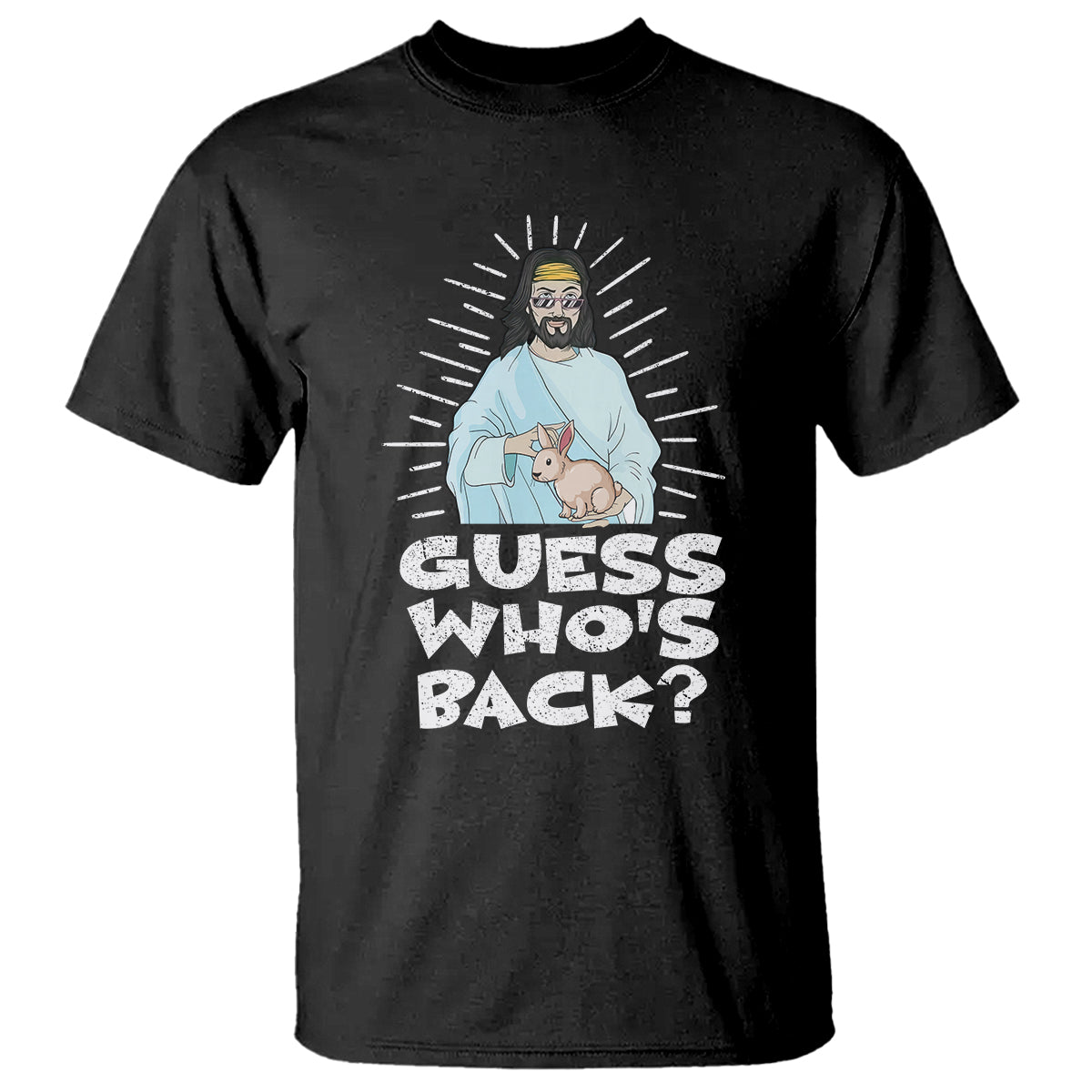 Black graphic T-shirt with “GUESS WHO'S BACK?” Easter Jesus and bunny print.