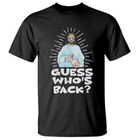 Black graphic T-shirt with “GUESS WHO'S BACK?” Easter Jesus and bunny print.