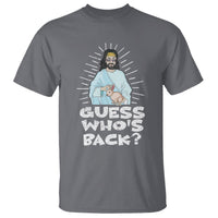 Charcoal graphic T-shirt with “GUESS WHO'S BACK?” Easter Jesus and bunny print.