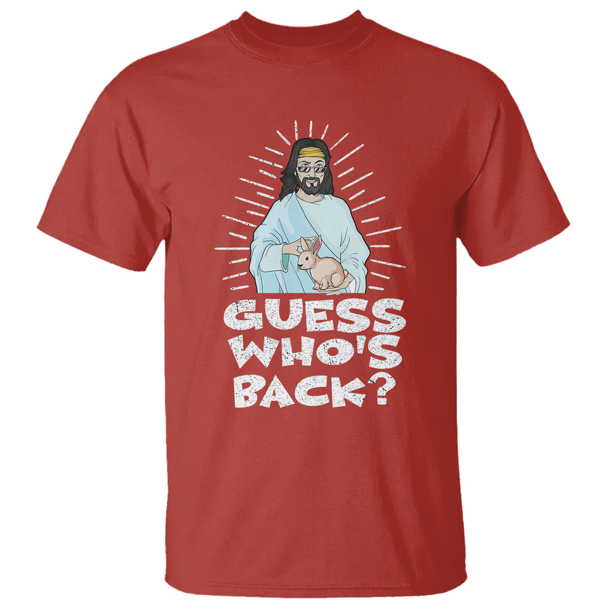 Red graphic T-shirt with “GUESS WHO'S BACK?” Easter Jesus and bunny print.