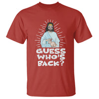 Red graphic T-shirt with “GUESS WHO'S BACK?” Easter Jesus and bunny print.