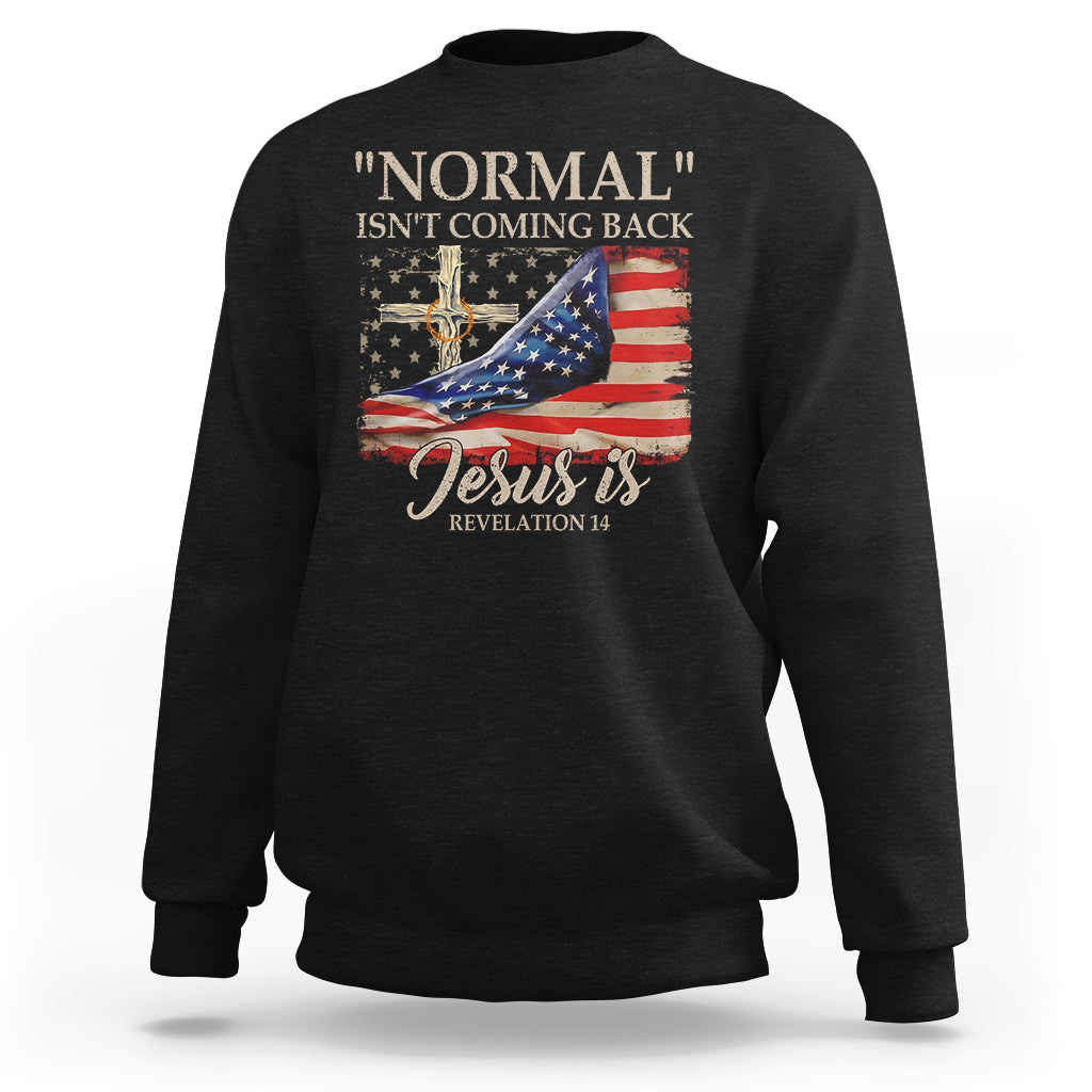 Black crewneck sweatshirt with American flag and 'Jesus is' faith graphic
