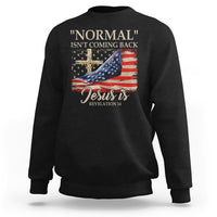 Black crewneck sweatshirt with American flag and 'Jesus is' faith graphic