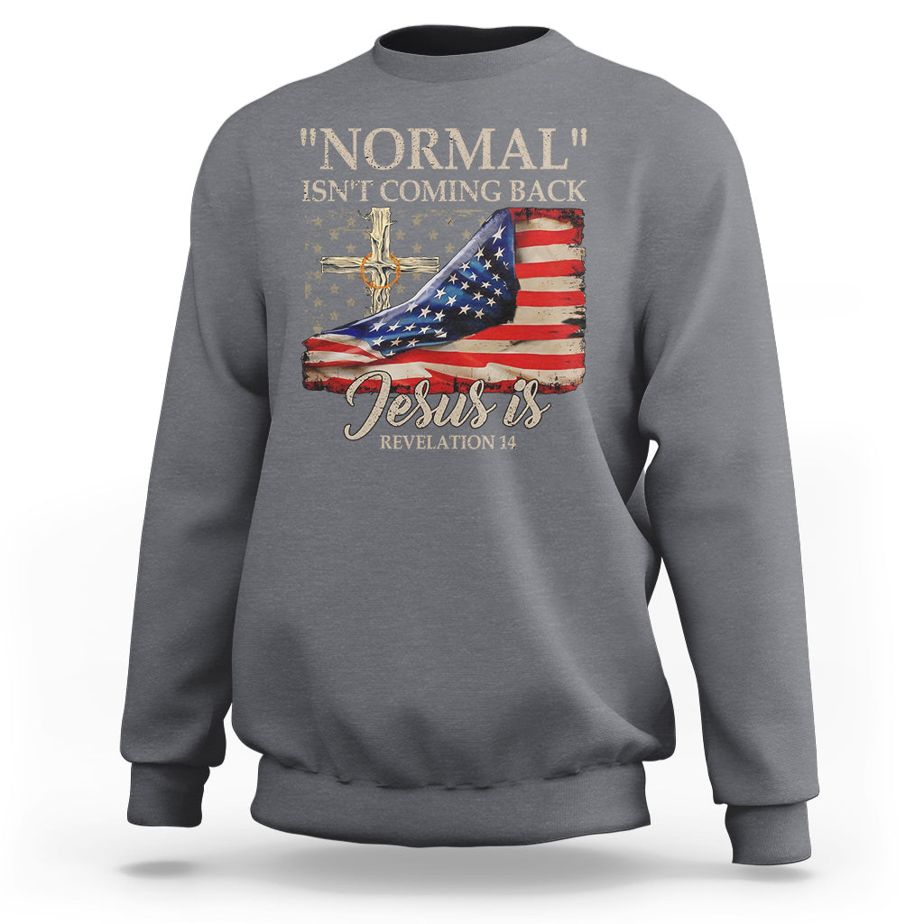 Charcoal crewneck sweatshirt with American flag and 'Jesus is' faith graphic