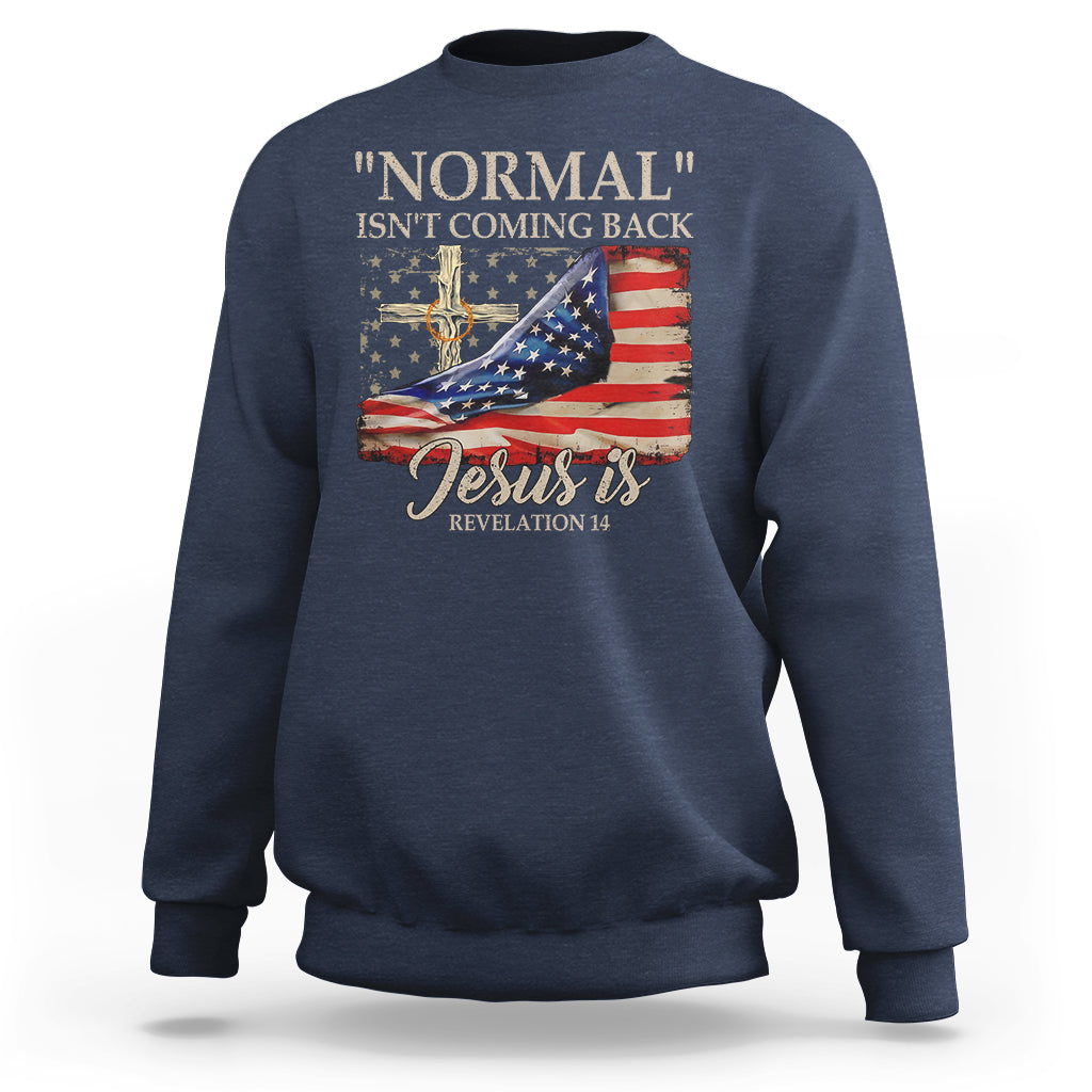 Navy crewneck sweatshirt with American flag and 'Jesus is' faith graphic