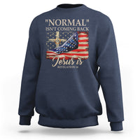 Navy crewneck sweatshirt with American flag and 'Jesus is' faith graphic