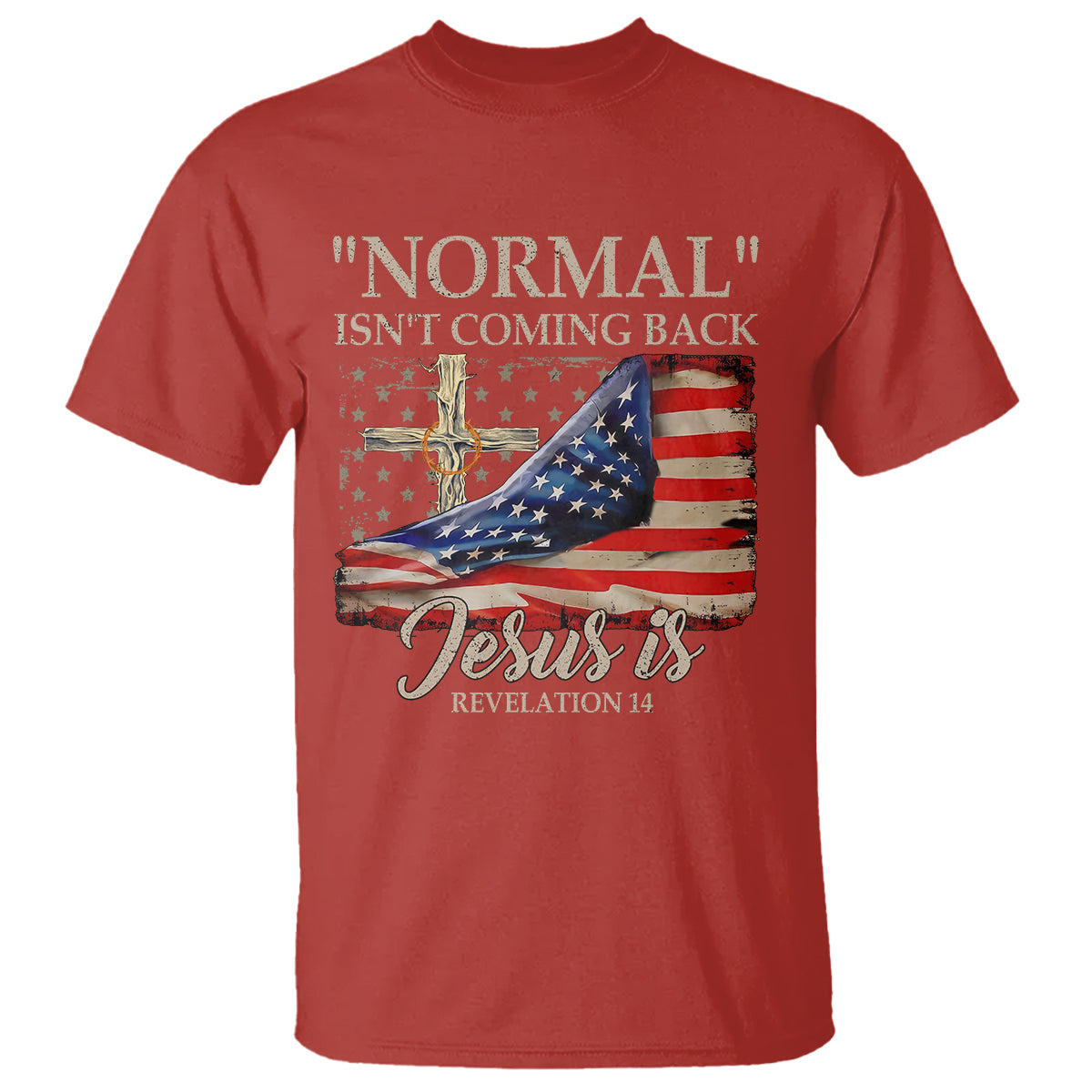 Red Christian T-shirt with USA flag, cross, and 'Jesus is' print