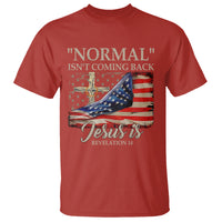 Red Christian T-shirt with USA flag, cross, and 'Jesus is' print