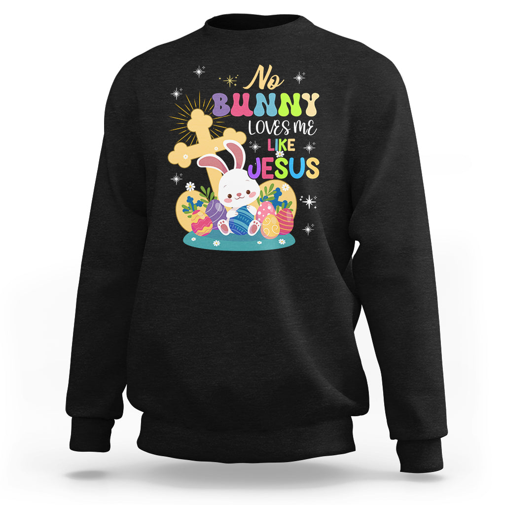 Black Easter sweatshirt with colorful bunny and Jesus graphic on the front