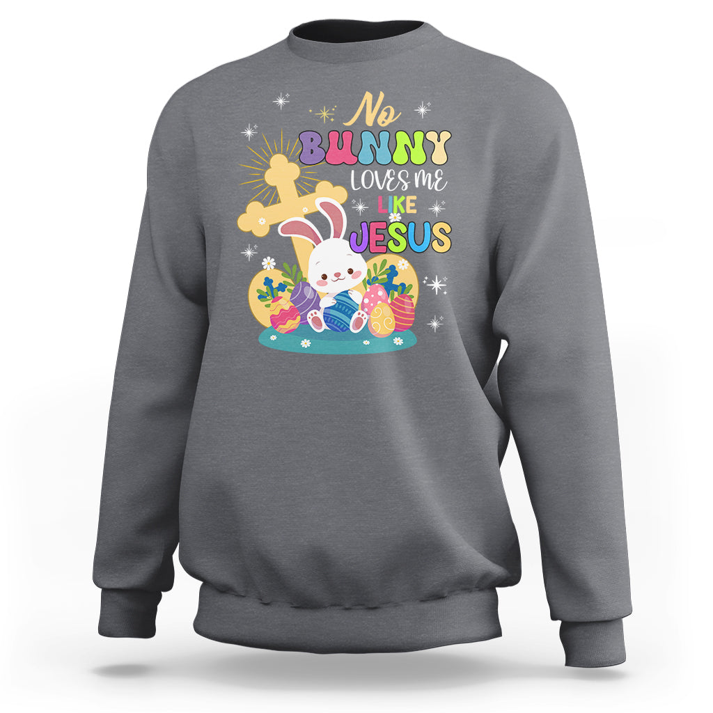 Charcoal gray Easter sweatshirt with colorful bunny and Jesus graphic on the front