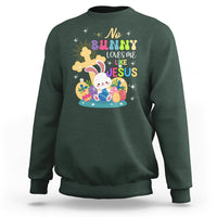 Dark forest green Easter sweatshirt with colorful bunny and Jesus graphic on the front