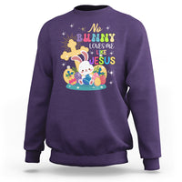 Purple Easter sweatshirt with colorful bunny and Jesus graphic on the front