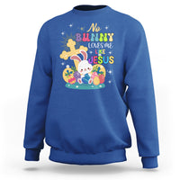 Royal blue Easter sweatshirt with colorful bunny and Jesus graphic on the front