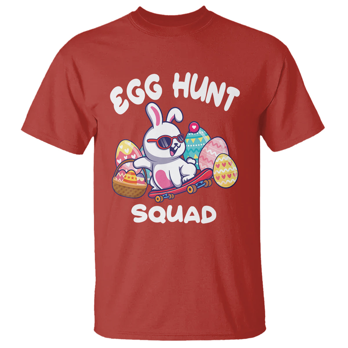 Red Easter egg hunt graphic t-shirt with bunny, “EGG HUNT” and “SQUAD” text.