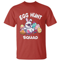 Red Easter egg hunt graphic t-shirt with bunny, “EGG HUNT” and “SQUAD” text.