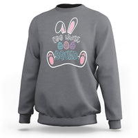 Charcoal gray crewneck sweatshirt with colorful 'Egg Hunt Squad' bunny graphic on front
