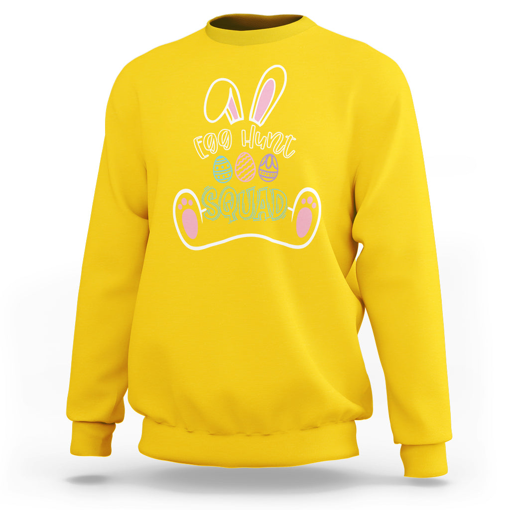 Daisy yellow crewneck sweatshirt with colorful 'Egg Hunt Squad' bunny graphic on front