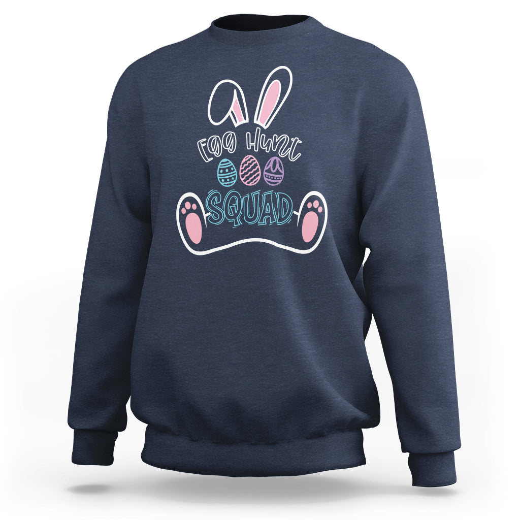 Navy crewneck sweatshirt with colorful 'Egg Hunt Squad' bunny graphic on front