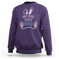Purple crewneck sweatshirt with colorful 'Egg Hunt Squad' bunny graphic on front