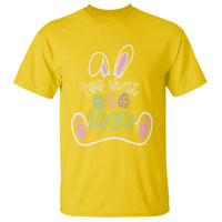 Daisy yellow T-shirt with colorful “Egg Hunt Squad” graphic, bunny ears and paw print