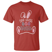 Red T-shirt with colorful “Egg Hunt Squad” graphic, bunny ears and paw print