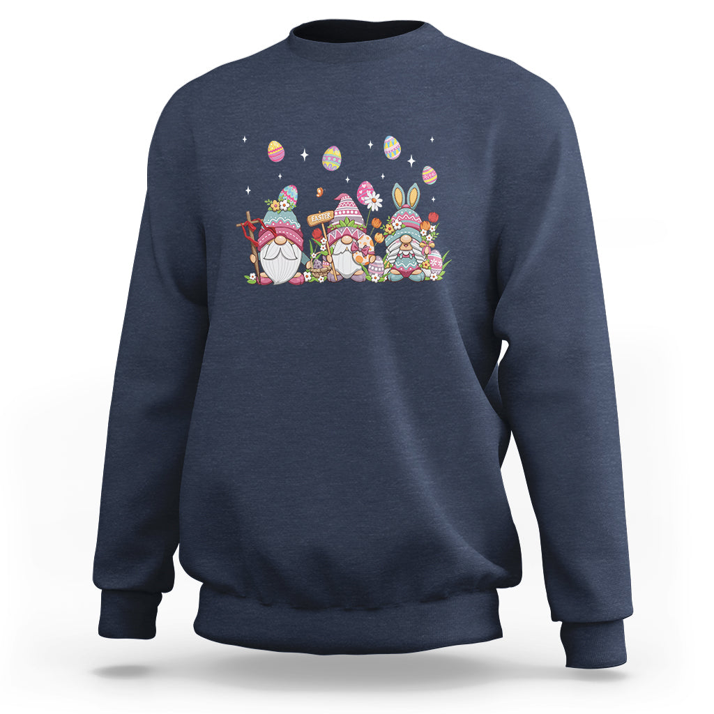 Navy crewneck sweatshirt with colorful Easter gnome and egg hunt graphic on chest.