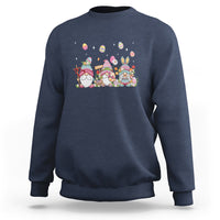 Navy crewneck sweatshirt with colorful Easter gnome and egg hunt graphic on chest.