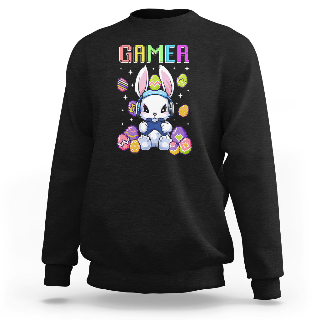 Black crewneck sweatshirt with colorful “GAMER” bunny graphic on the chest.