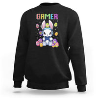 Black crewneck sweatshirt with colorful “GAMER” bunny graphic on the chest.