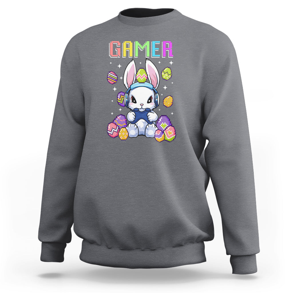 Charcoal gray crewneck sweatshirt with colorful “GAMER” bunny graphic on the chest.