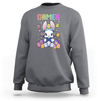 Charcoal gray crewneck sweatshirt with colorful “GAMER” bunny graphic on the chest.