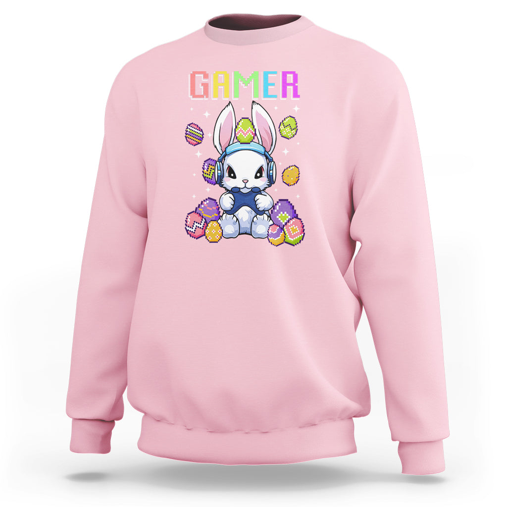 Light pink crewneck sweatshirt with colorful “GAMER” bunny graphic on the chest.