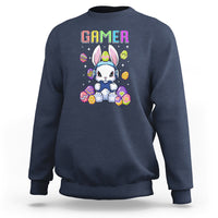Navy crewneck sweatshirt with colorful “GAMER” bunny graphic on the chest.