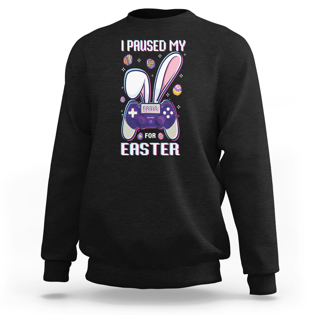 Black crewneck gamer sweatshirt with “I paused my game for Easter” text and controller graphic