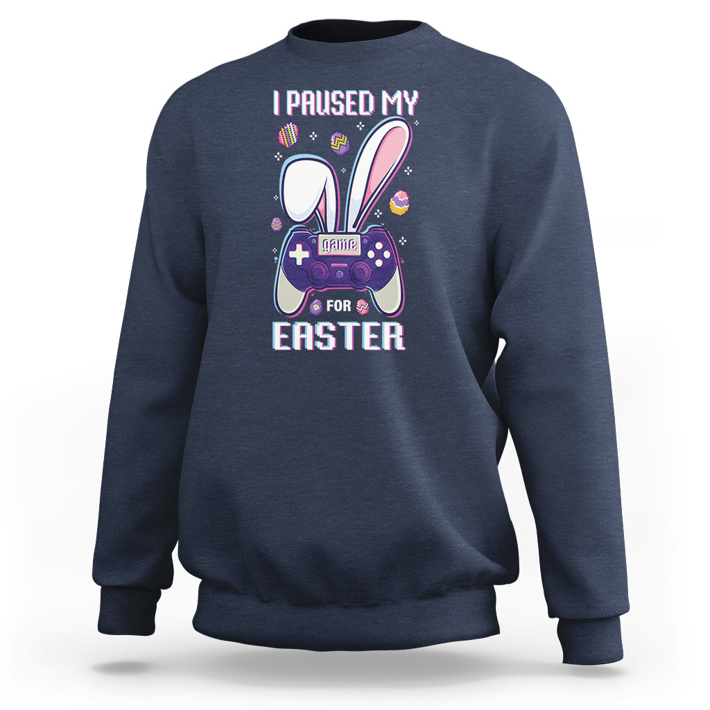 Navy crewneck gamer sweatshirt with “I paused my game for Easter” text and controller graphic