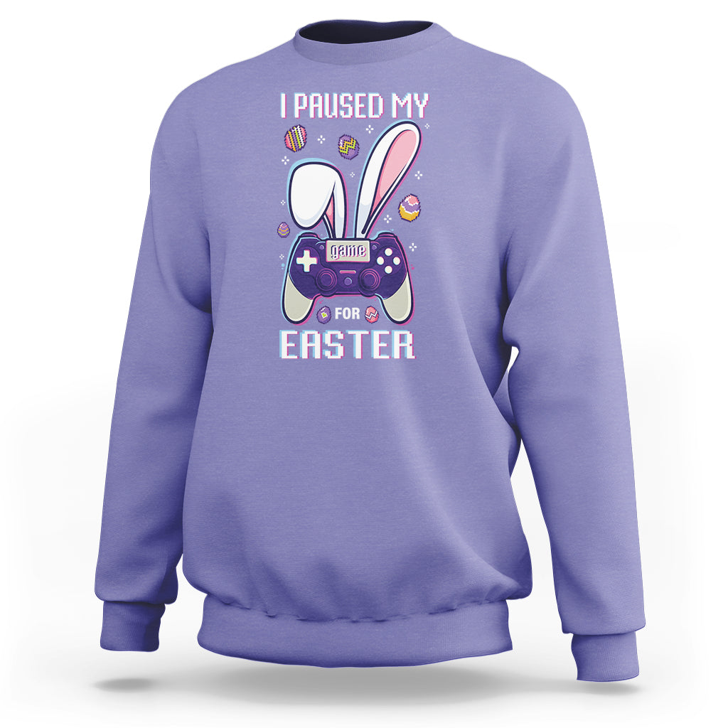 Violet crewneck gamer sweatshirt with “I paused my game for Easter” text and controller graphic