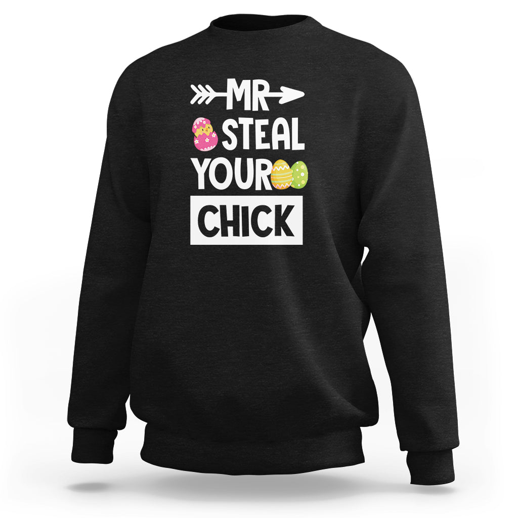 Black crewneck sweatshirt with "MR STEAL YOUR CHICK" egg graphic on front