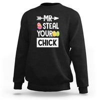Black crewneck sweatshirt with "MR STEAL YOUR CHICK" egg graphic on front