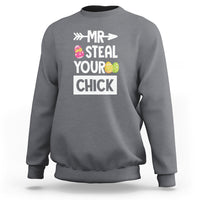 Charcoal gray crewneck sweatshirt with "MR STEAL YOUR CHICK" egg graphic on front