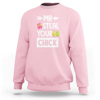 Light pink crewneck sweatshirt with "MR STEAL YOUR CHICK" egg graphic on front