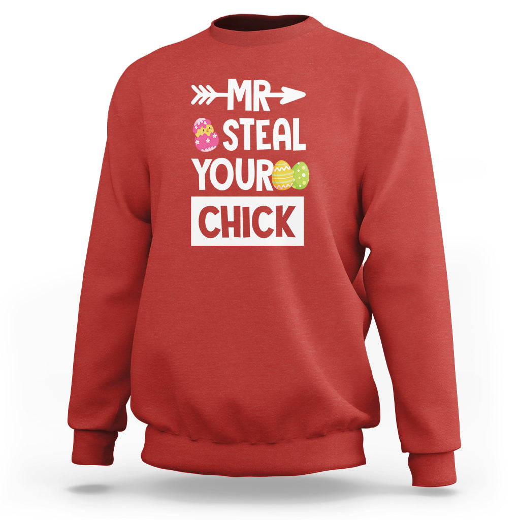 Red crewneck sweatshirt with "MR STEAL YOUR CHICK" egg graphic on front