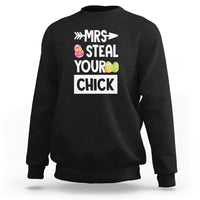 Black crewneck sweatshirt with 'MRS STEAL YOUR CHICK' Easter graphic